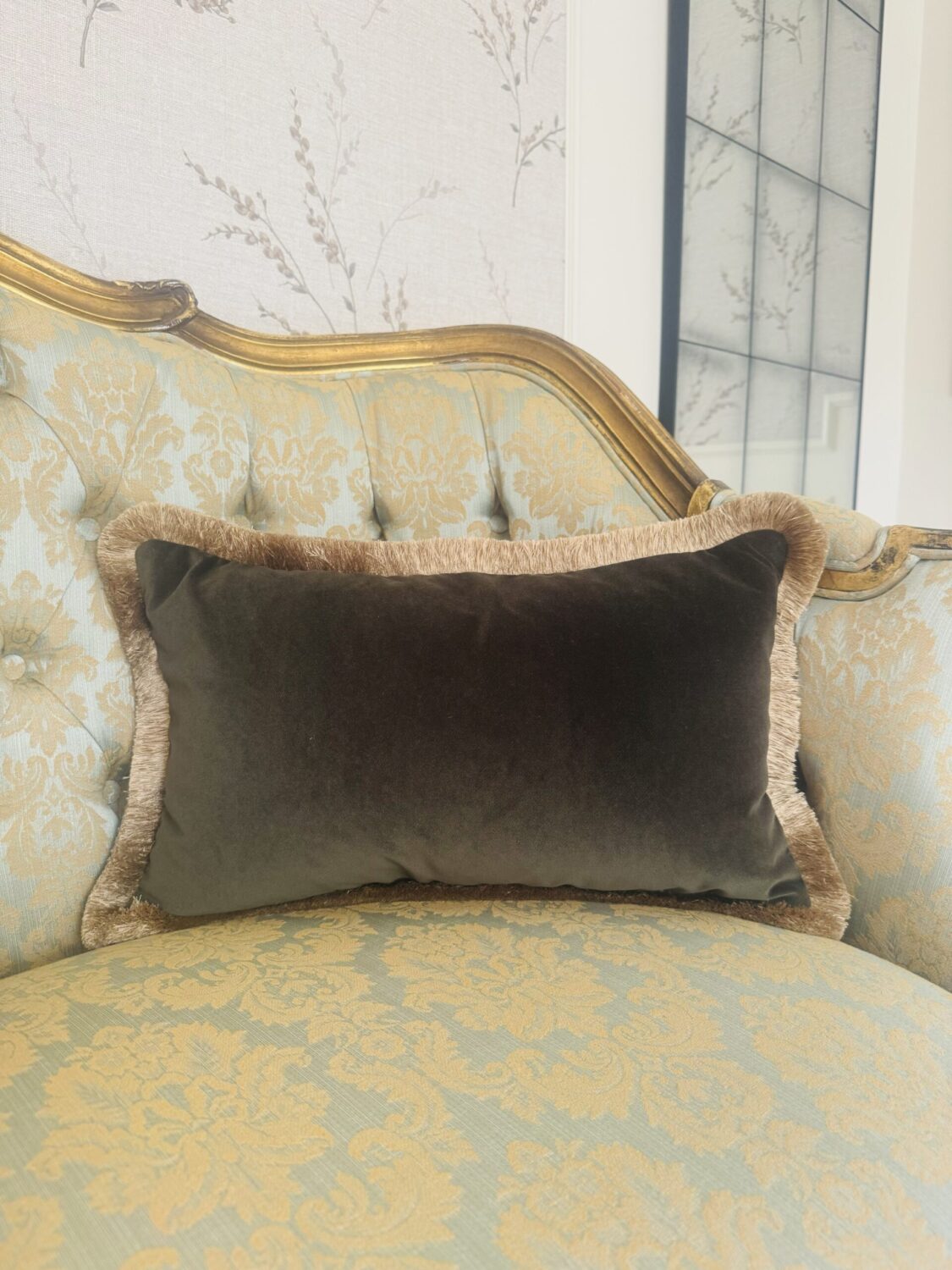 Juniper Green Velvet Cushion with Fringe