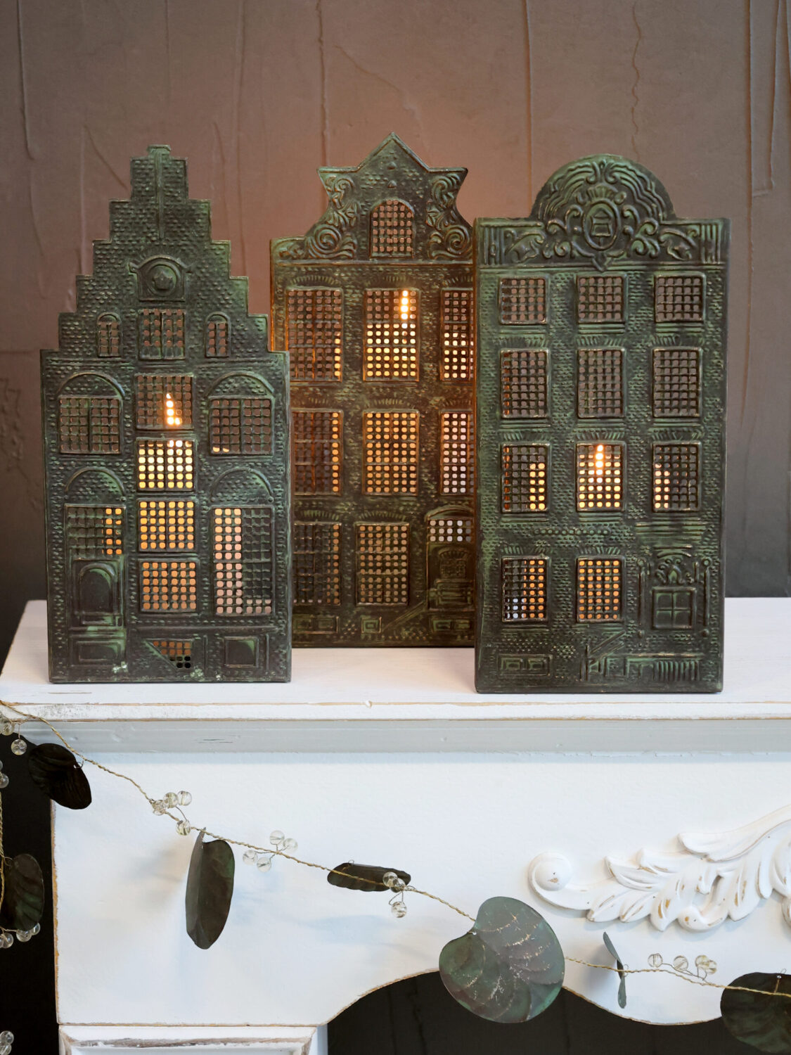 Set of Three Metal House Candle Holders