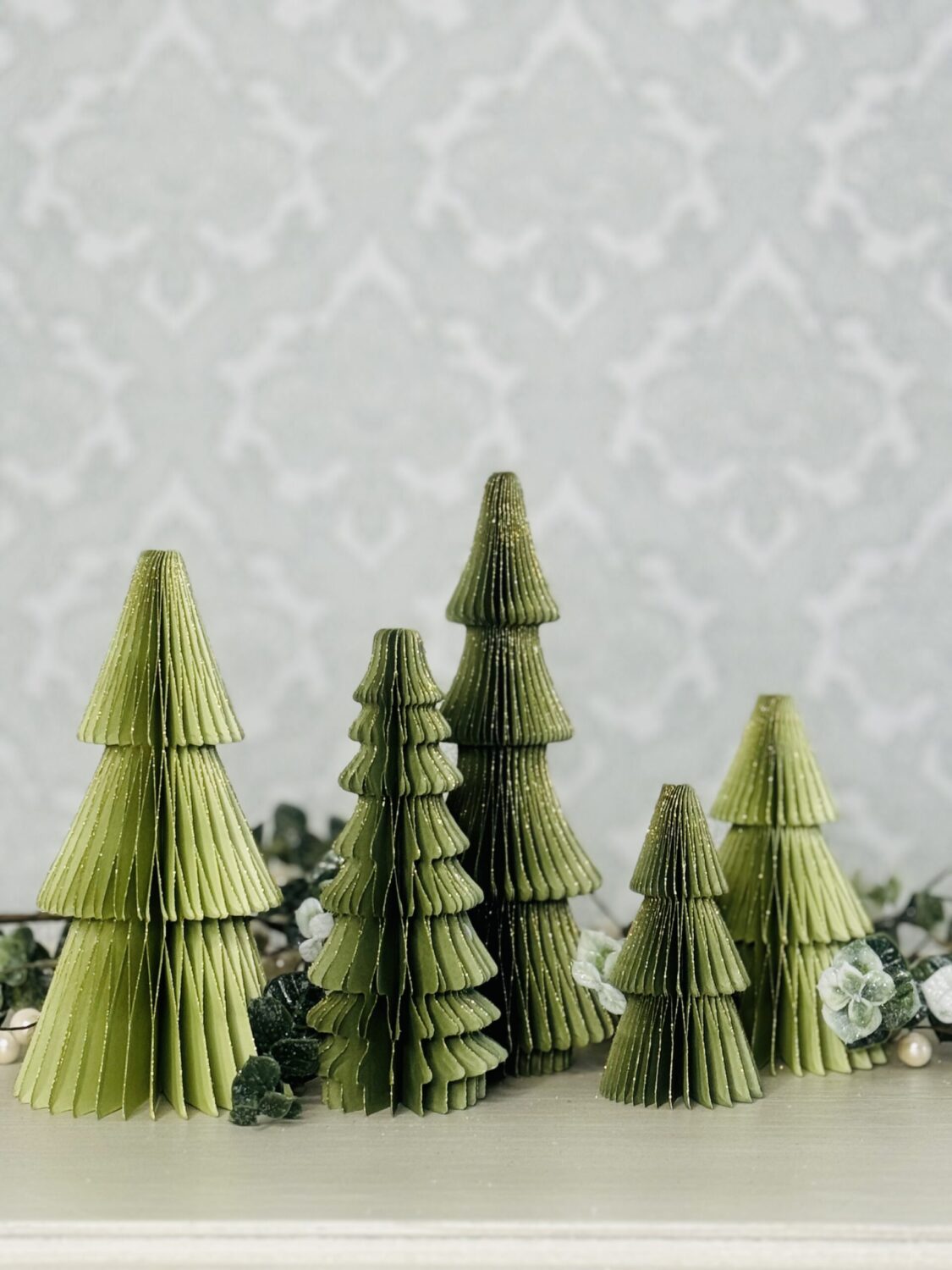 Set of 5 Olive Honeycomb Paper Trees