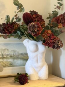 Burgundy Spear Hydrangeas and Eucalyptus Arrangement